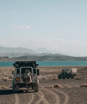 Two 4x4's at Karakul lake Tajikistan